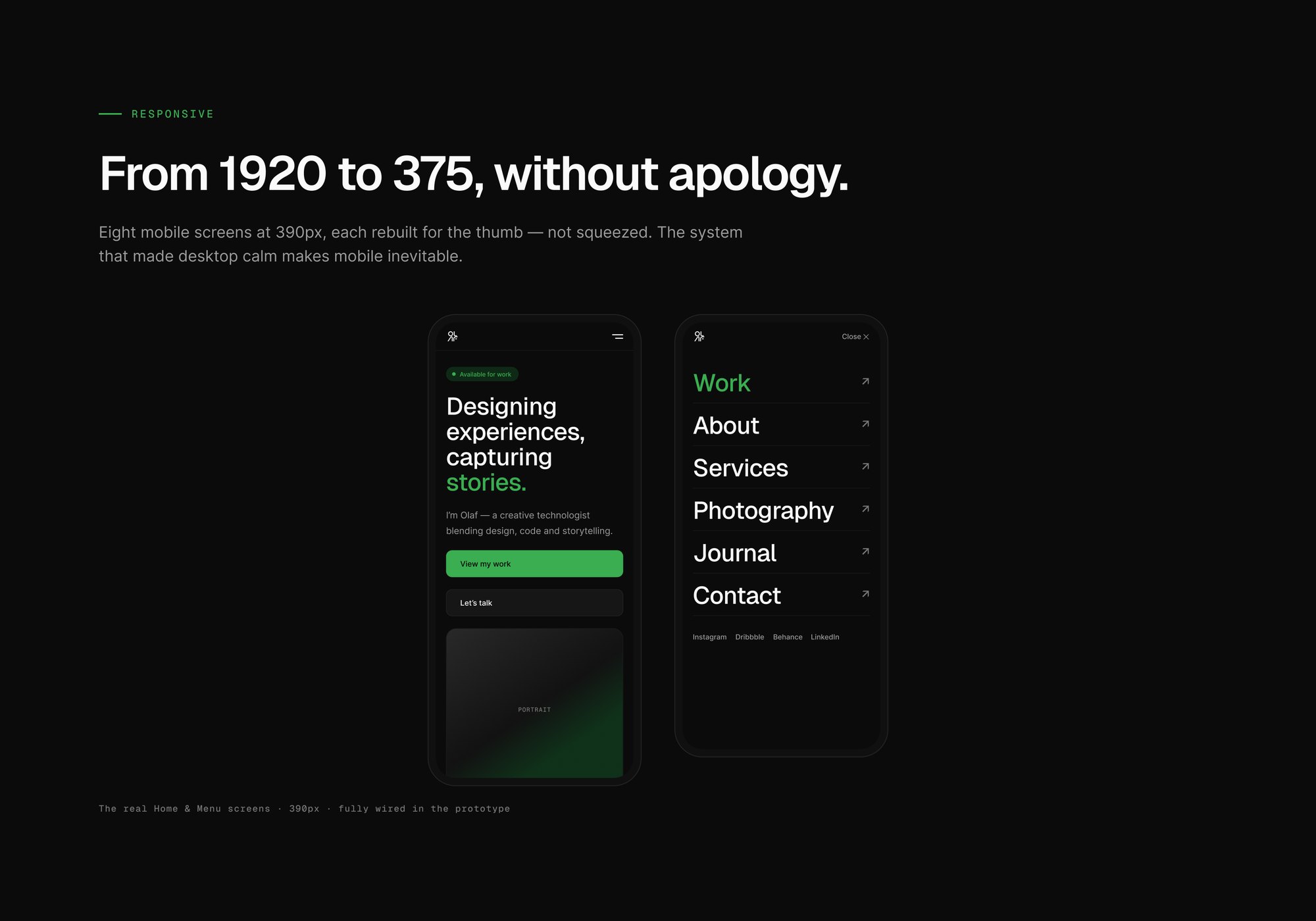 The responsive frame — two phone mockups showing the home screen and the full-screen menu.