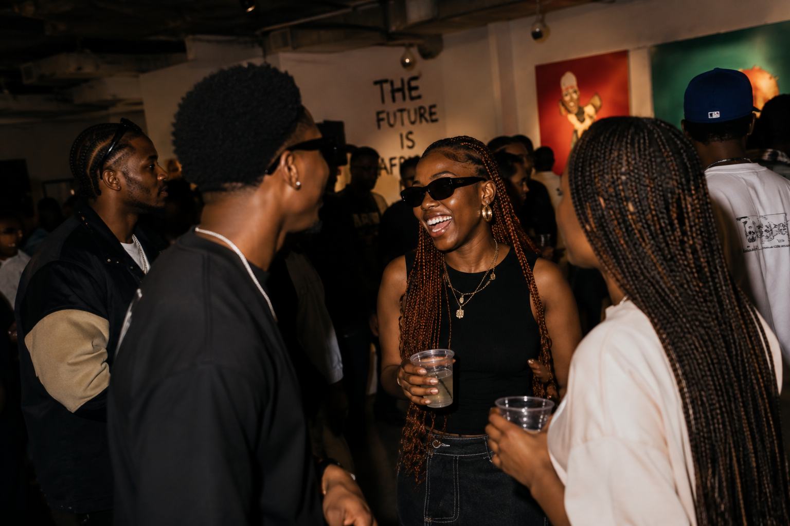 An opening night crowd in a converted space, warm ambient light, artwork on the walls.