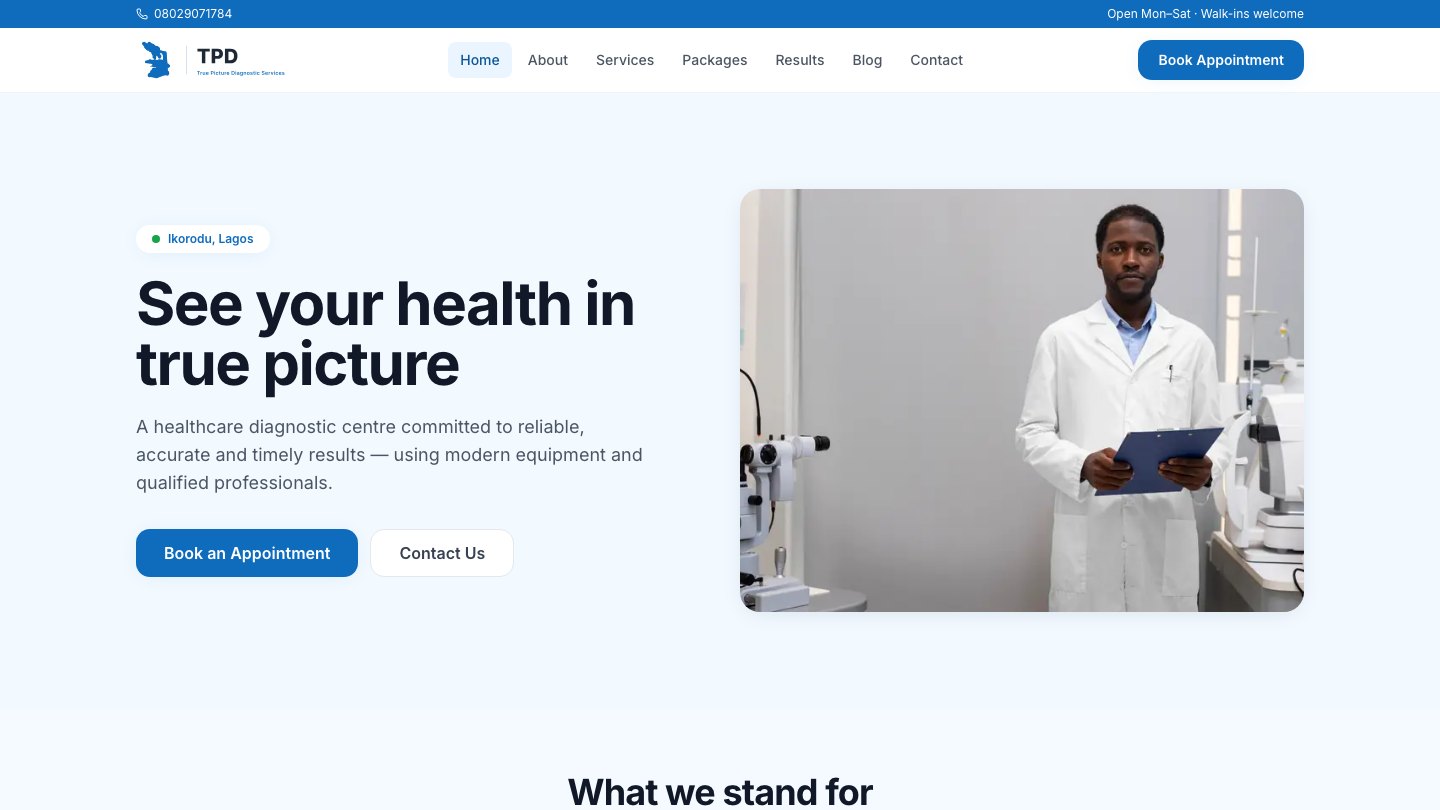 True Picture Diagnostic homepage — “See your health in true picture” beside a photograph of a technician in a lab coat.