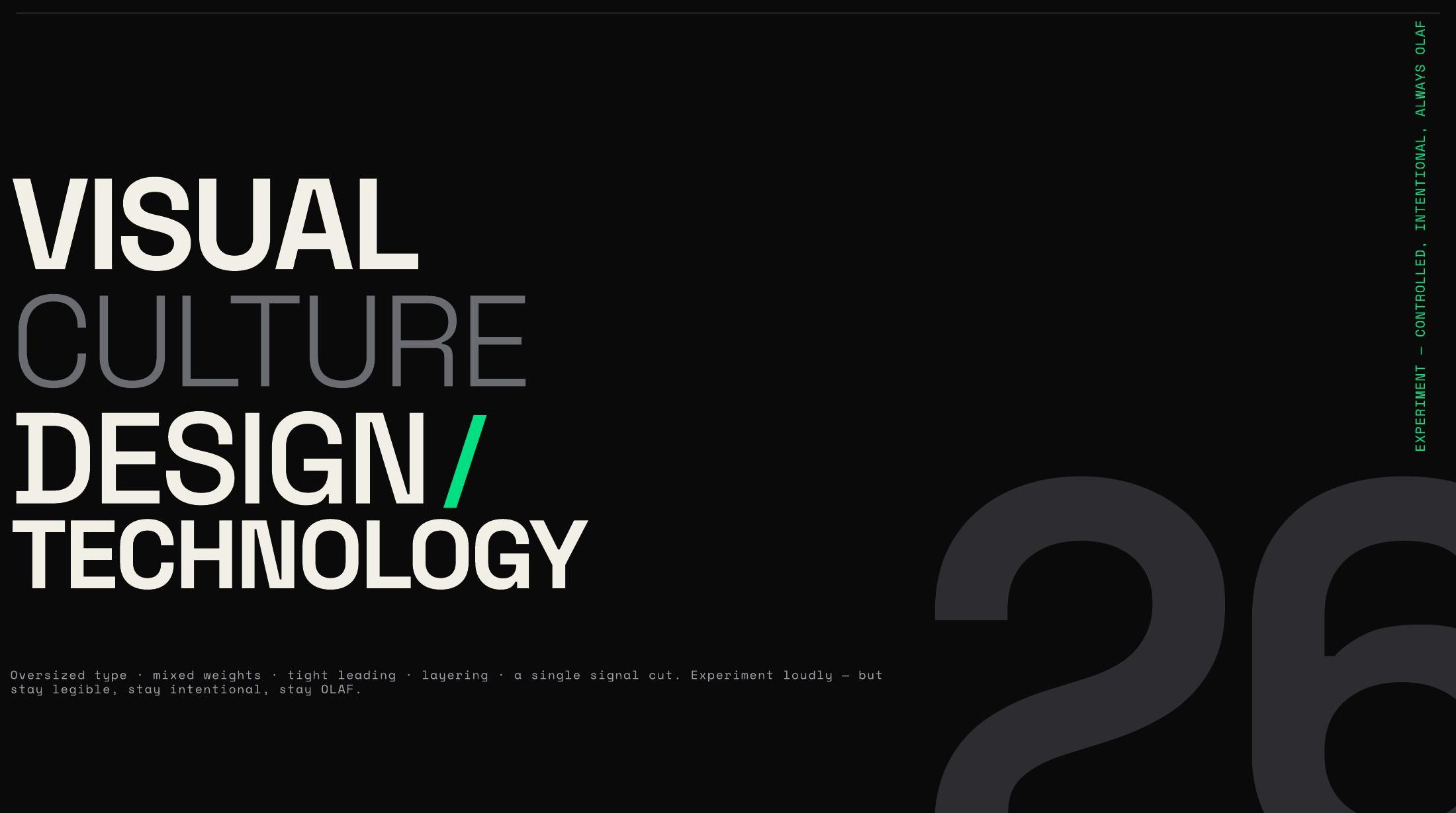 Typographic expression spread — VISUAL CULTURE DESIGN / TECHNOLOGY set in oversized mixed weights.
